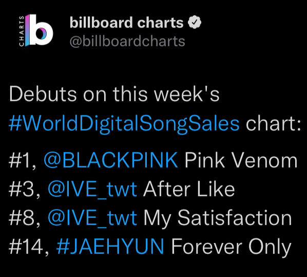 Billboard Charts tweet: Debuts on the week's chart - #1 BLACKPINK Pink Venom, #3 IVE After Like, #3 IVE My Satisfaction, #14 JAEHYUN Forever Only